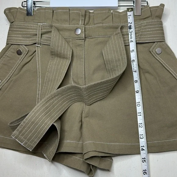 River Island 100% Cotton Khaki Green High Rise Paper Bag Belted Shorts Size US 6 - Picture 11 of 13